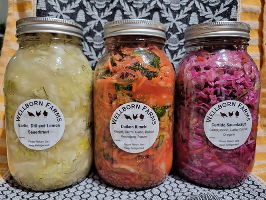 Three jars of Wellborn Farms ferments: garlic, dill and lemon sauerkraut, daikon kimchi, and curtido sauerkraut